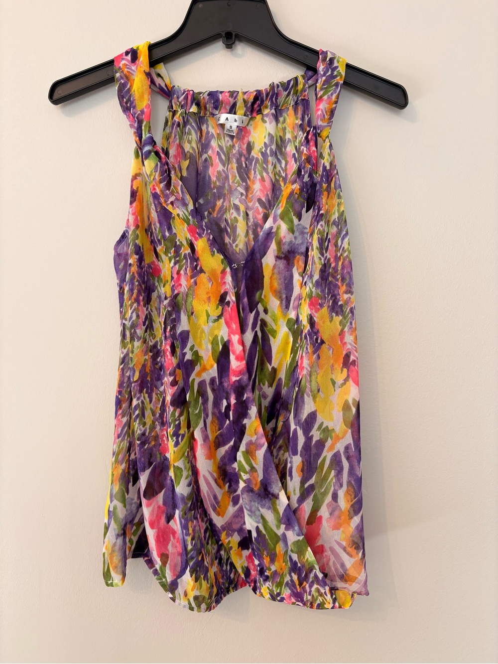 CAbi Floral Sheer Sleeveless V-Neck Tank Top in Purple Multi Colors